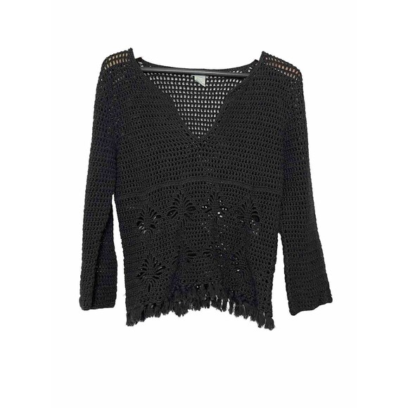 URCHIN MARK EISEN Knit Crochet long Sleeve Blouse Womens Large Black Fringe Top - Picture 1 of 7